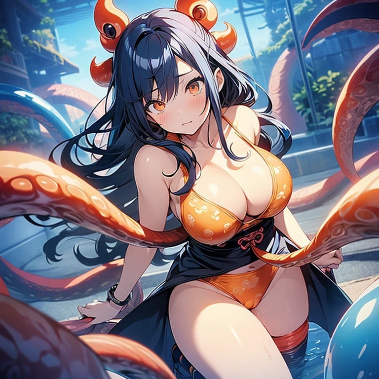 nsfw, anime style, hentai, one girl, dark blue hair, orange eyes, shy, voluminous body, giant breasts, wide breasts, wide ass, shy, lingerie, ahegao, tentacles in pussy, tentacles, tentacles around, sex with tentacles