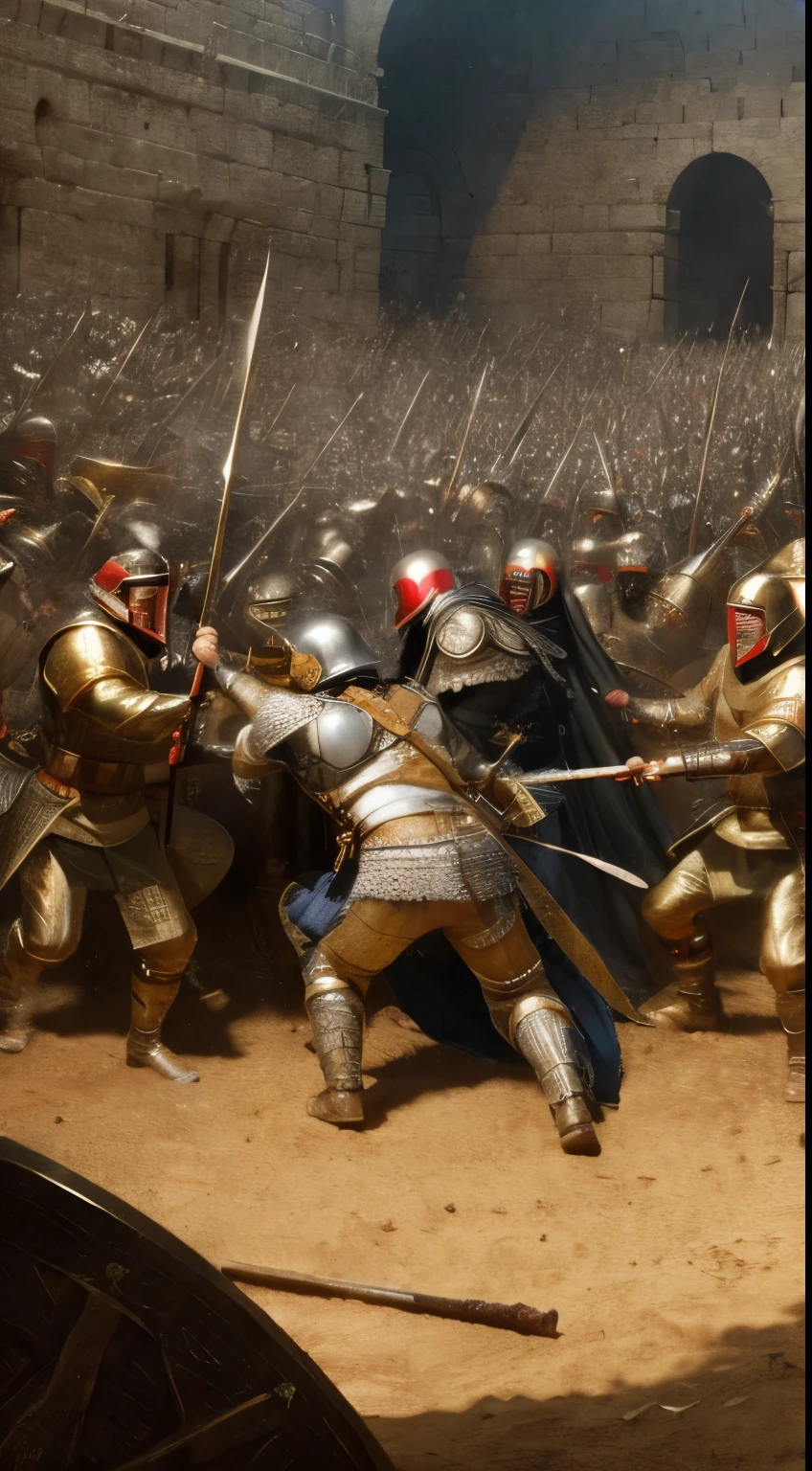 Picture a battlefield filled with corpses, blood, and weapons. In the middle, you can see a group of crusaders surrounded by Egyptian and Mamluk troops. One of the crusaders was French King Louis IX, who wore silver armor and a gold crown. He looked scared and desperate. In front of him, there was a dark-skinned man with a black beard and red eyes. He wore black armor and a helmet with horns. He holds a spear in his right hand and a shield in his left. He was Baibars al-Bunduqdari, one of the Mamluk commanders who captured Louis IX. It was the Battle of Mansurah, one of the greatest battles of the Seventh Crusade. Surrealism, 8k, super detail