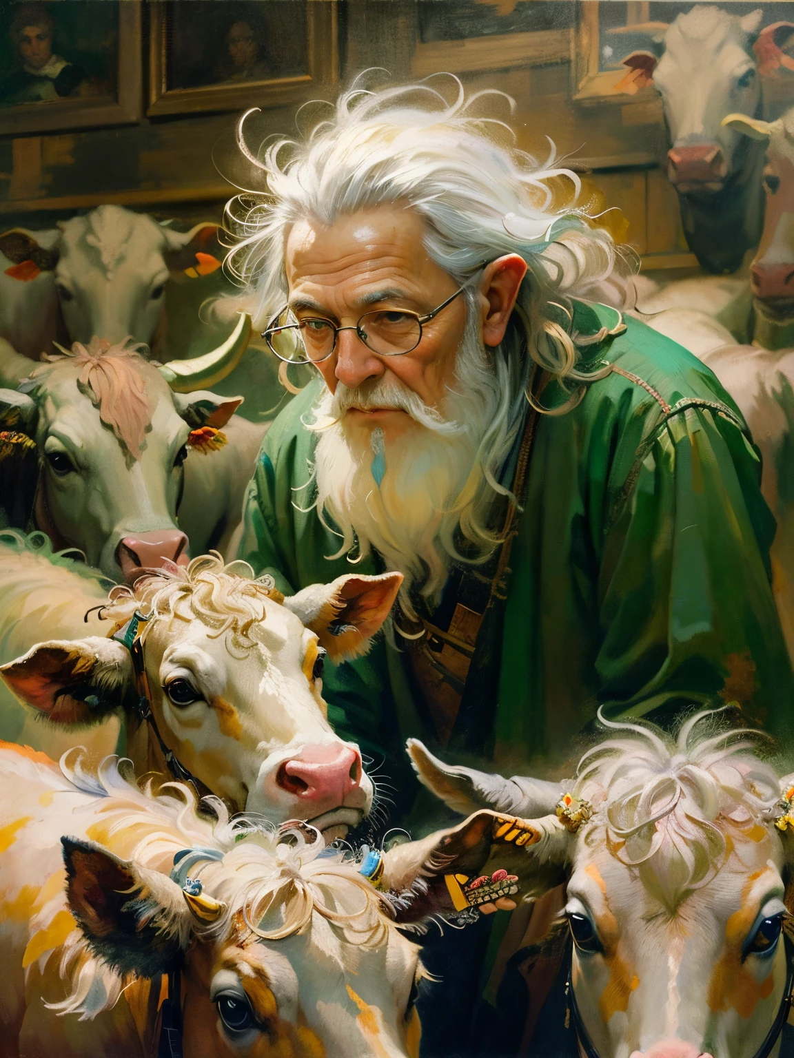 an oil painting，da vinci art style。old man among cows, messy  hair，Guviz style artwork,，Artistic creativity:1.37,Sweet，Wonderful and magical，Exquisite，Natural soft light，Lonely eyes，