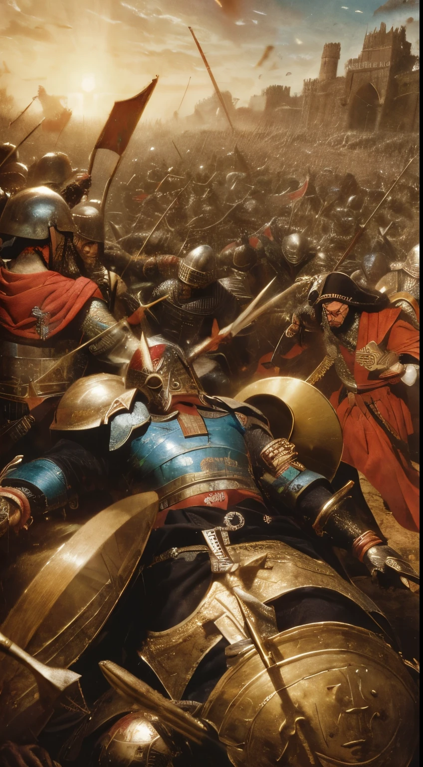 Picture a battlefield filled with corpses, blood, and weapons. In the middle, you can see a group of crusaders surrounded by Egyptian and Mamluk troops. One of the crusaders was French King Louis IX, who wore silver armor and a gold crown. He looked scared and desperate. In front of him, there was a dark-skinned man with a black beard and red eyes. He wore black armor and a helmet with horns. He holds a spear in his right hand and a shield in his left. He was Baibars al-Bunduqdari, one of the Mamluk commanders who captured Louis IX. It was the Battle of Mansurah, one of the greatest battles of the Seventh Crusade. Surrealism, 8k, super detail