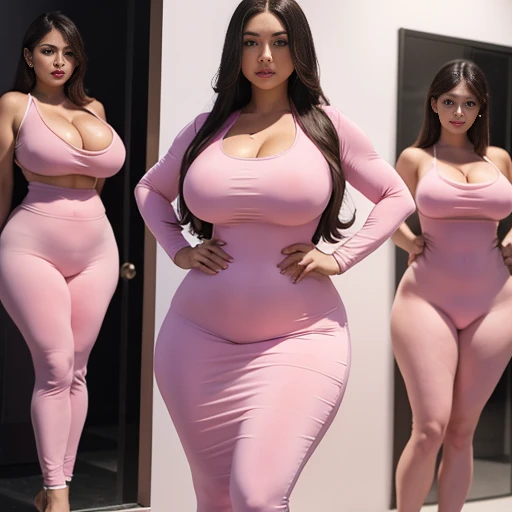 a woman in a pink outfit posing for the camera, beautiful woman body, big wide broad strong physique |, fit curvy physique, women full body, woman body, curvy hourglass figure, short flat hourglass slim figure, bubblegum body, inverted triangle body type, beautiful shape of face and body, trending on bbwchan, hourglass slim figure