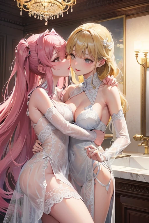 kiss、a couple、Lovers、Romance、a coupleポーズ, Engaging pose, kissing together cutely, passionate pose, 素敵なa couple, 1 male,(blonde hair, Gold Eyes、Tall、190cm、manly、handsome man、Beautiful shape、Best style、Beautiful prince,Strong body、Sexy costumes、tall、wet gown、Open chest、nakeness)、1 female(Pink hair,stright long hair、Pink eyes、cute large eyes,優しいa smile、髪にflorals、小柄、huge tit、Best style、Perfect style、rise、Overflowing、Sheer lace underwear、teats、teatsが透ける、ピンクteats、pink areolae、clitoris、Inter-strands)、Put your arms around your waist、hug、Grabbing the waist、araffe woman in a white lingerie posing for a picture, lingeries beauty, wearing sexy lingerie, , translucent dress, Translucent body, iridescent shiny sheer lingerie, sexy dress, wavy lingeries, smooth translucent white skin, lingerie, beautiful sexy woman, sexy style men,、nice man and woman, Transparent Dress, Open V chest clothes, young graceful、florals、floralsに囲まれて、Closely attached、a smile、A slight smil、Gentle eyes、big ceiling with chandelier, marbled、Large public bath、 Inside the palace, Luxurious, beautiful high resolution, Exquisitely gorgeous、The fountain、splash water、shine、kirakira、Luminous water、Crystal clear water、水に浮かぶ色とりどりのflorals、floralsに囲まれて、floralsびら