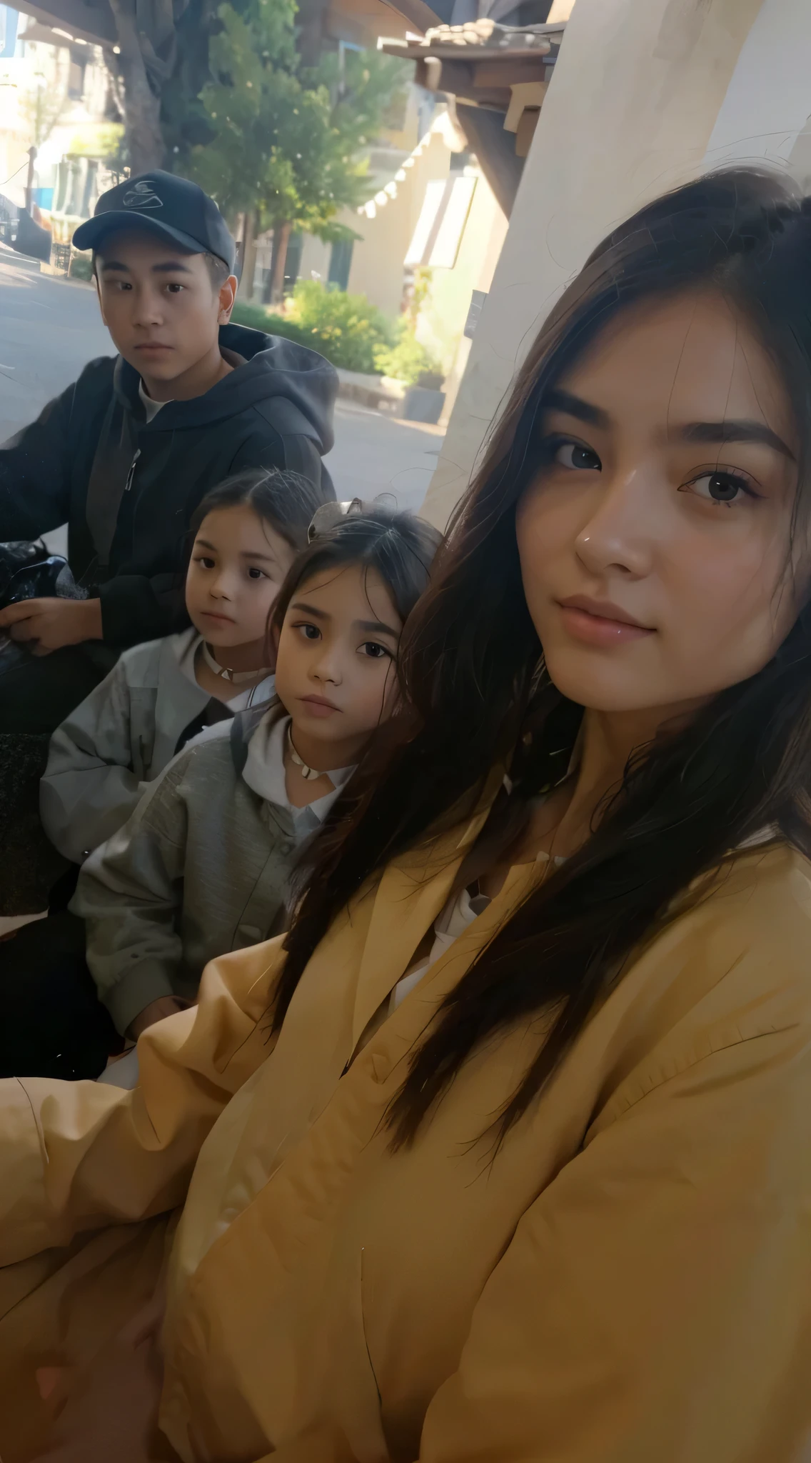 four chinese,oda'sa girl in front,Losing weight,Wear a coat,The texture of the clothes is clear,Ultra-clear texture,Camera shooting effect,Light and shadow are natural,symmetrical clothes,Symmetrical collar、coordination,超清realisticlying8K,The is very detailed eyes and face,hyper-detailing, k hd, ,There are two s in the middle,Small round face,Eye symmetry,symmetrical eyebrow,hair natural,The clothes are very clear,The is very detailed, Light and shadow are natural,symmetrical clothes,Symmetrical collar、coordination,超清realisticlying8K,The is very detailed eyes and face,hyper-detailing, k hd, The last one is a boy,No beard,The face is beautiful,with hat,Eye symmetry,symmetrical eyebrow,Casual hoodie,The clothes are very clear,The is very detailed, Light and shadow are natural,Best quality at best, tmasterpiece, , of a realistis, of a real, 8k wallpaper,Background details of foreground objectasterpiece: 1.2) (realisticlying: 1.2) (bokeh: 1.2) (Best quality at best) (colorgrading) (Detailed skins: 1.3) (Complex) (8K)(电影灯光: 1.3) (Focus sharp), Glowing and radiant skin, 前置超k hd, Digital SLR, gentlesoftlighting, high qulity, skin texture, filmgrain, closeup cleavage, 超高分辨率,