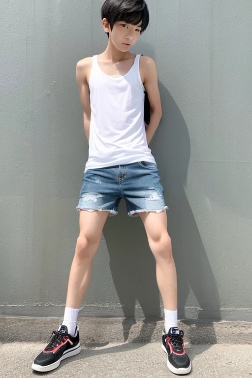 young Japanese boy wearing a white tank top and skinny denim short pants and sports shoes standing position.