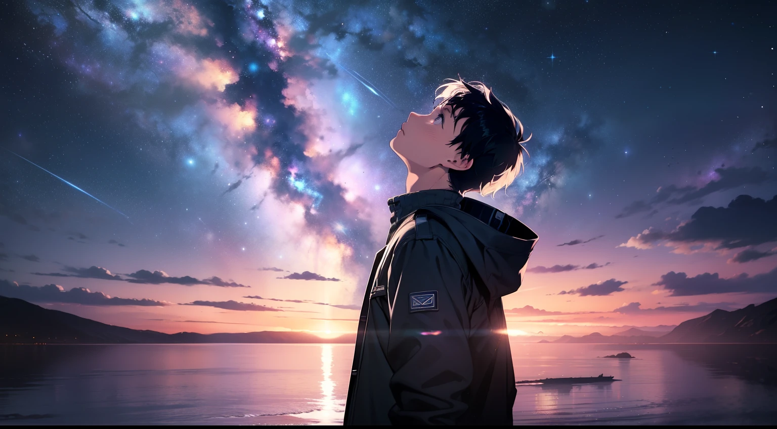 A lonely boy looking up at the sky at night time where the great milky way galaxy is visible in purplish blue color stretching over the horizon. A faraway shot. Cinematic. Wide angle. 4k.