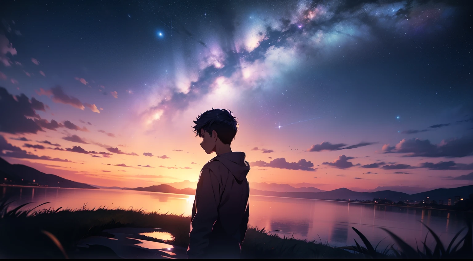 A lonely boy looking up at the sky at night time where the great milky way galaxy is visible in purplish blue color stretching over the horizon. A faraway shot. Cinematic. Wide angle. 4k.