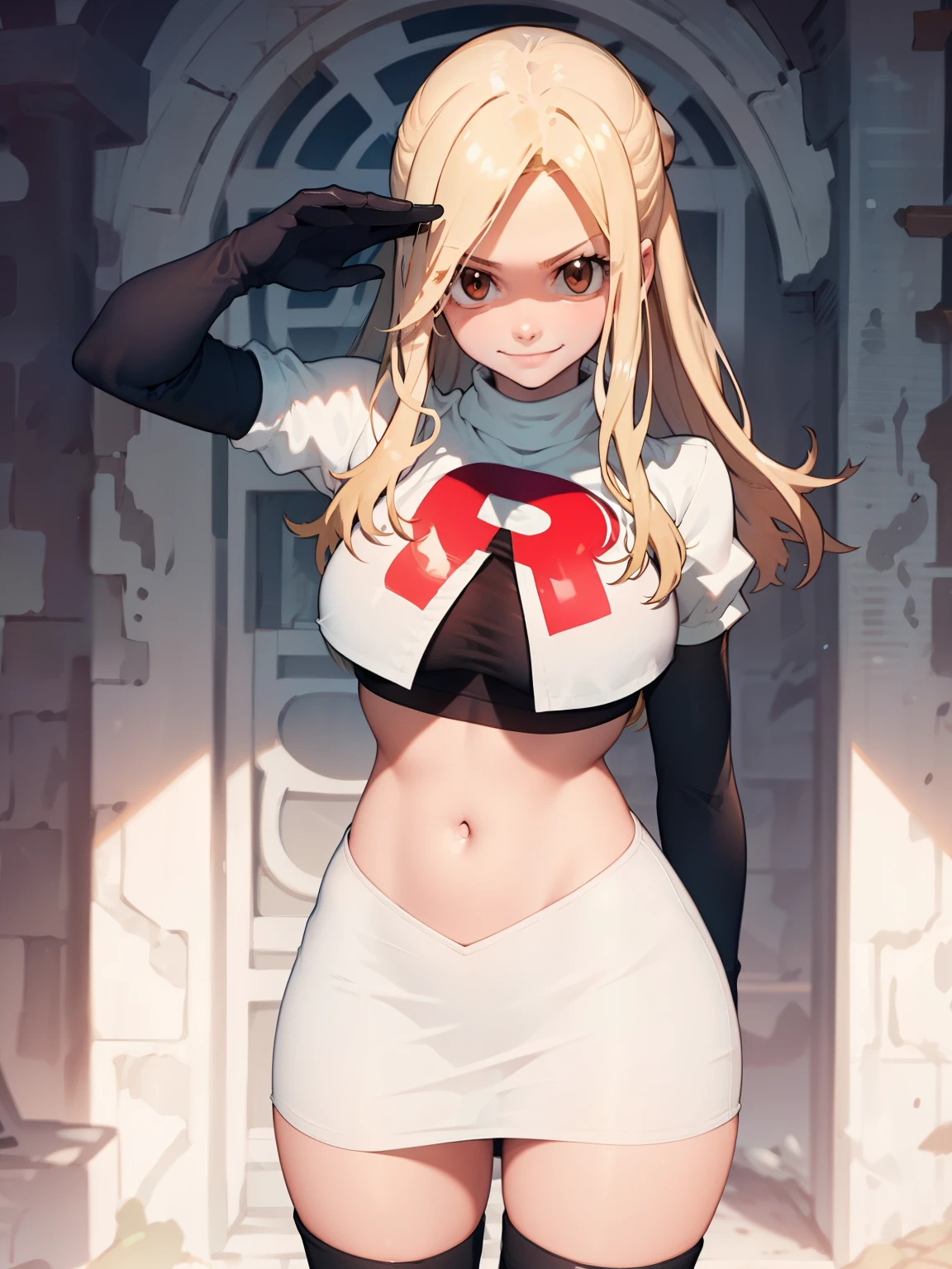 Lucy_Heartfilia, long hair,blonde hair, brown eyes, ,team rocket uniform, red letter R, white skirt,white crop top,black thigh-high boots, black elbow gloves, evil smile, looking at viewer, cowboy shot, salute