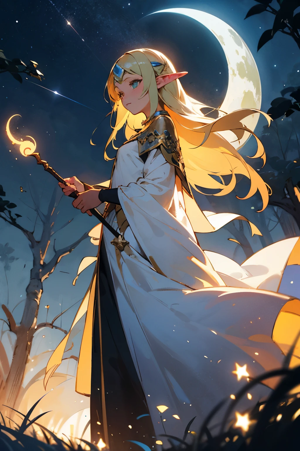 "Create an enchanting illustration featuring an elf anime girl while nude standing gracefully in a mystical forest glade. The scene is set against a breathtaking starry night sky. The elf has long, pointed ears and wears an elegant, ethereal gown that shimmers in the moonlight. Her eyes reflect the brilliance of the stars, and she holds a magical staff adorned with intricate elven designs. The background should showcase towering ancient trees, illuminated by the soft glow of fireflies, with the night sky adorned by a myriad of stars and a crescent moon. Capture the serene and magical atmosphere of the elven realm under the starlit night."