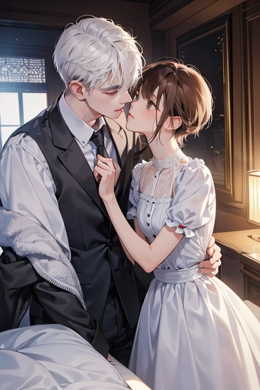 Male and female couples、Flirting、a bedに横たわっている、Intense kiss、girl with(White head hair,short-hair,kawaii,doress,small tits:1.3),Handsome man in a suit,(Men in suits,well-muscled,Firm shoulder width, Brown hair,Boyish hairstyle,cool expression,tall, 33yo:1.2)、Background with(a room、a bed)、The time is midnight、Soft lighting