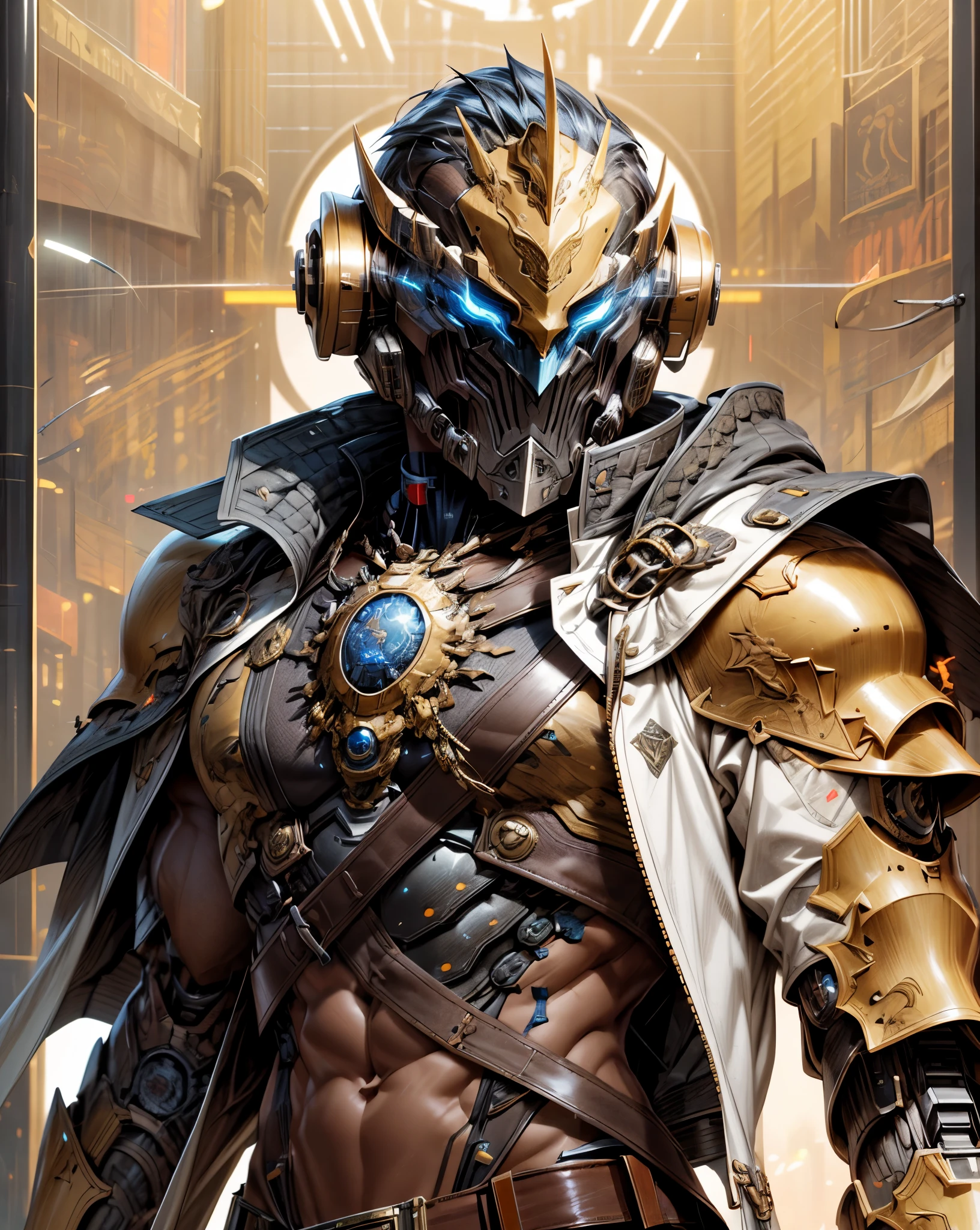 (((An epic and visually stunning digital anime masterpiece featuring a sylphlike masculine ((male:1.5)) decorated military dieselpunk cyborg soldier clad in a sleek yet tactical armored yet decorated leather military trench coat:1.2))), (((flat masculine male chest:1.5, full head covered by a mechanical mecha knight helmet with a narrow visor:1.5))), (((the character adorned in a (scifi tactical armored open front trench coat with a built in exoskeleton) (over a form fitted armor plated yet super sleek and revealing under suit with waist cut outs), the armor plating on the upper arms and shoulders beautifully engraved))):1.4. The image showcases the intricacies of the character’s armor and clothing:1.5, ((capturing their flamboyant essence and heavy mecha aesthetic:1.2)). The character also possesses an androgynous charm, (((with slim yet heavily muscled physique:1.2, sylphlike with a sleek waist, toned yet beautifully sleek cybernetic arms:1.3, mechanical arms and legs:1.3, mecha muscles:1.3))), looking at viewer, (((brass metal armor and brown leather, dieselpunk:1.3))), (((depth of field, cinematic lighting, chromatic aberration, ray tracing, UHD, masterpiece, top of head covered, super detail, high details, high quality, award winning, 8k, highres)))