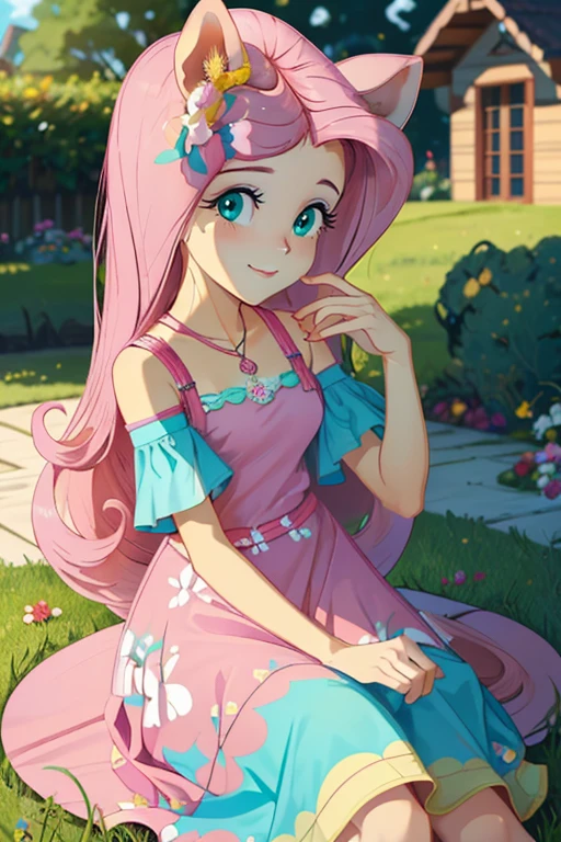 Fluttershy, Fluttershy Forms My Little Pony, Fluttershy na forma de uma menina, Borboletas ao seu redor, cabelo longo cor-de-rosa, olhos turquesa, brincando em um jardim, flor, peito exuberante, sorriso suave, vestido longo verde rosa, sentado, Asas amarelas, holding flor, natureza celestial, sapatos rosa, mangas compridas, corar, big Asas amarelas, yellow pony ears on top of her head, sentado on a white chair