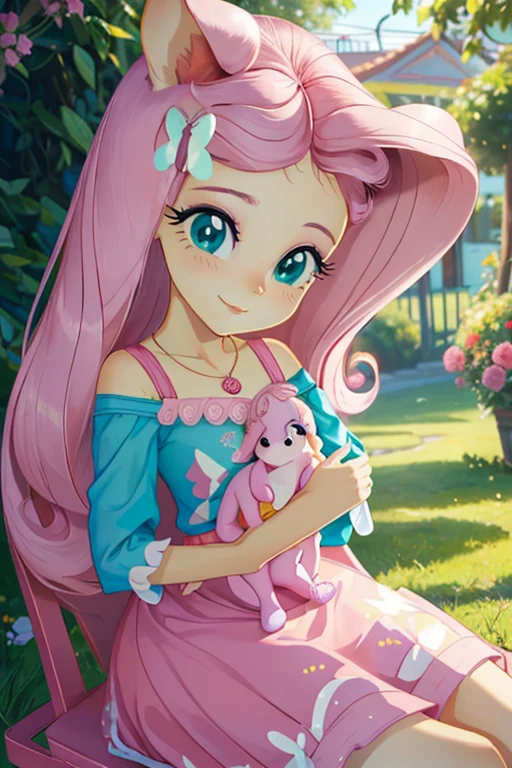 Fluttershy, Fluttershy Forms My Little Pony, Fluttershy na forma de uma menina, Borboletas ao seu redor, cabelo longo cor-de-rosa, olhos turquesa, brincando em um jardim, flor, peito exuberante, sorriso suave, vestido longo verde rosa, sentado, Asas amarelas, holding flor, natureza celestial, sapatos rosa, mangas compridas, corar, big Asas amarelas, yellow pony ears on top of her head, sentado on a white chair