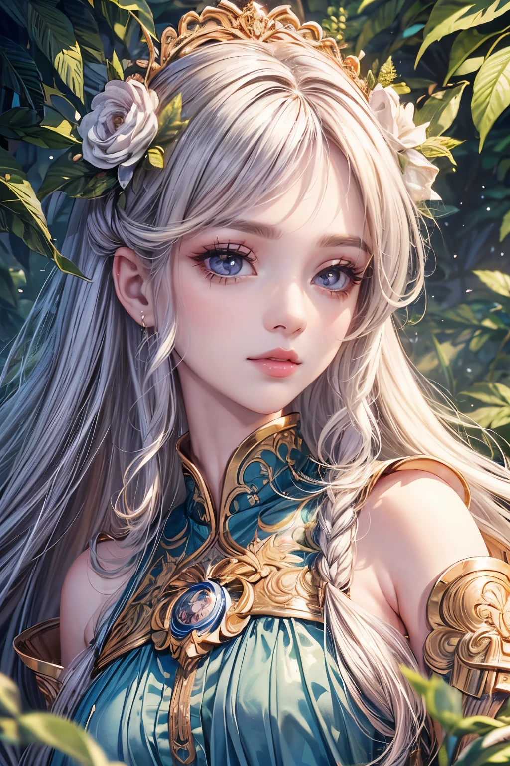 (best quality,8K,CG),detailed upper body,solitary girl,floral forest background,complex facial features,elegant long curly hair,almond-shaped big eyes,detailed eye makeup,long eyelashes,twinkling stars,exquisite lip details,soft and harmonious style.