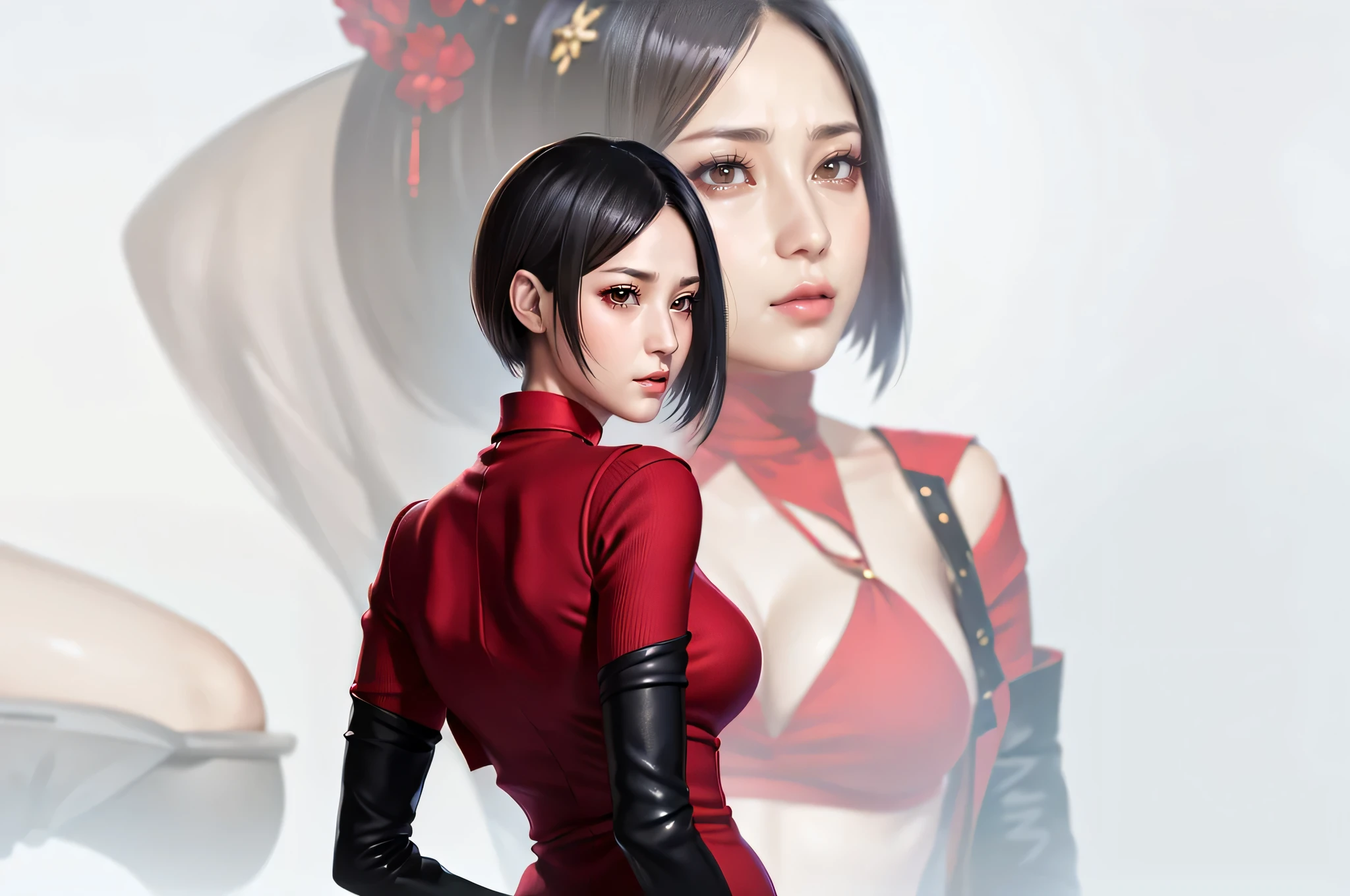 Backless woman,King Ada,Red clothes,Nice face,Clear eyes,wearing red cheongsam, Silk fabric,Atty Modern Animation. angle view, Heroic pose, Stunning beauty face closeup portrait (《Resident Alvin》Huang Aida《heroic brave lady》, during violent action scenes, The wind blows short black hair, Slim, well decorated、Detailed red dress, red high heel pumps, Depth blur effect, natta, Full zoom, action portrait, realistically. 电影灯光, The content is very detailed. Best quality, 4K,