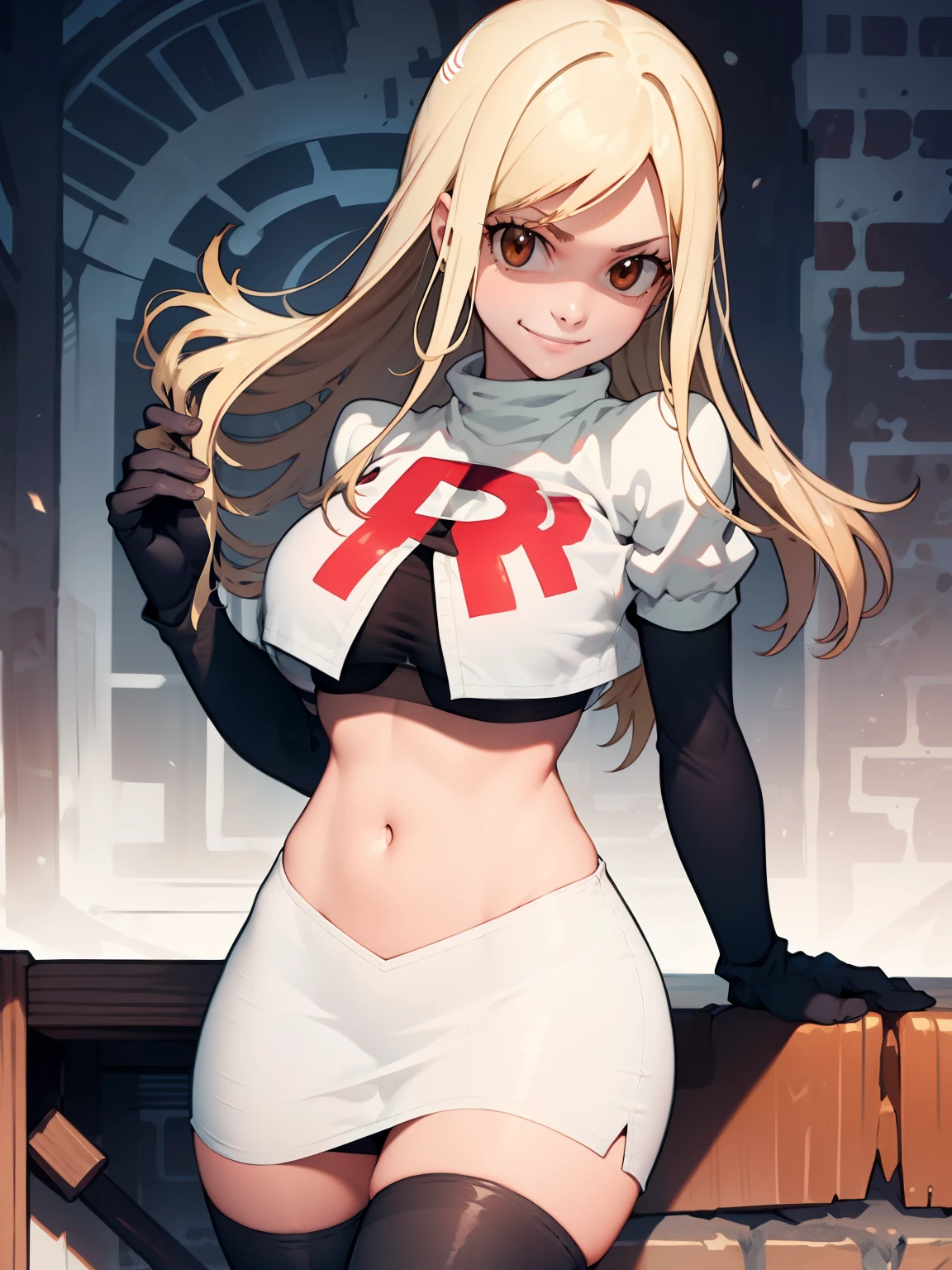 Lucy_Heartfilia, long hair,blonde hair, brown eyes, ,team rocket uniform, red letter R, white skirt,white crop top,black thigh-high boots, black elbow gloves, evil smile, looking at viewer, cowboy shot