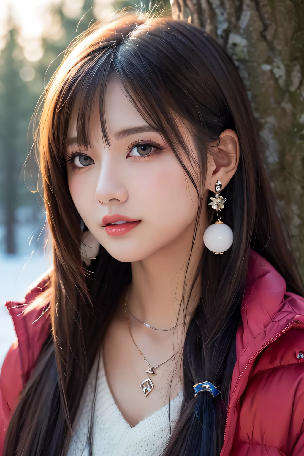 ((masutepiece)), ((Best Quality)), (Ultra-detailed), ((kawaii)), kawaii系, (lovely), ((Sexy)), (Ero), ((Extremely detailed)), 4K, (8K), Best Quality, (Beautiful), Illustration, Dynamic Angle, In the Middle, folding arms, forest, evening, Winters, Snow, Pretty women, Solo, Warrior, (cold weather gear:1.3), Beautiful blue hair, Beautiful brown eyes, ((Beautiful eyes)), Long hair, White teeth, lip, Hair ornaments, earrings, Necklace, blush, Lens Flare, shiny