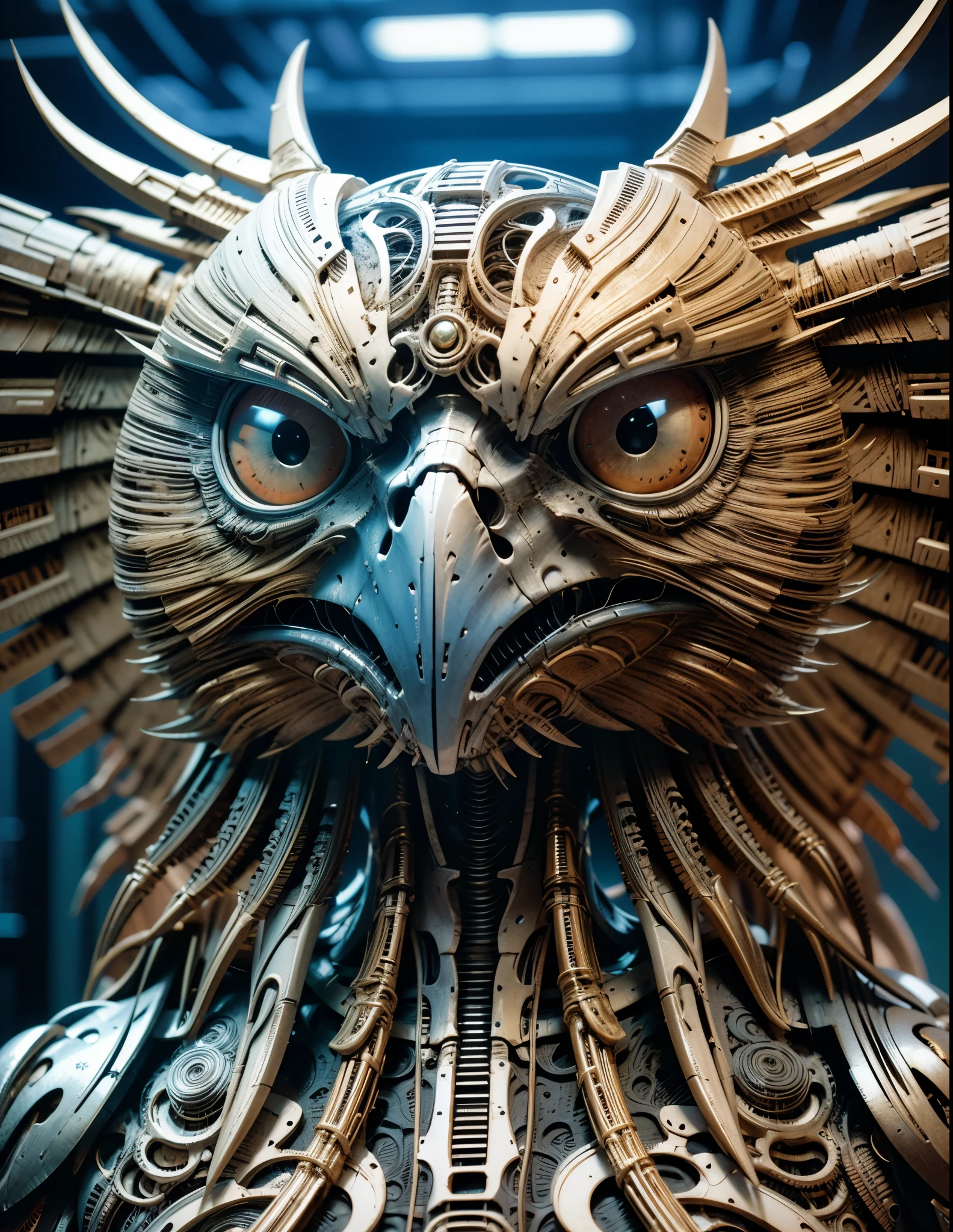 white eagle skeleton, Skeleton with lots of wires, A very detailed eagle., biologic HR Giger style, HR Giger muscles, Geiger&#39;s biomechanical xenomorph, Portrait of an eagle, Portrait of a cyber skeleton, intricate detailed, very high details, photo-hyper-realistic, 8k, UHD, hyperdetailed, (Dynamic Poses:1.4),