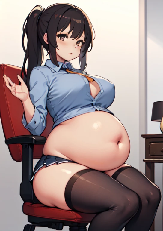 (masterpiece, best quality), 1girls, big belly, blurry background, huge belly, art by kipteitei, round belly, chubby, curvy, white button-up shirt, skirt, thighhighs, simple_background, gradient_background, belly bursting out of shirt, belly grab, enormous belly, fat belly, thicc, bigger belly, sitting on chair, really big belly, jiggly belly, shirt covering belly, belly cover by shirt