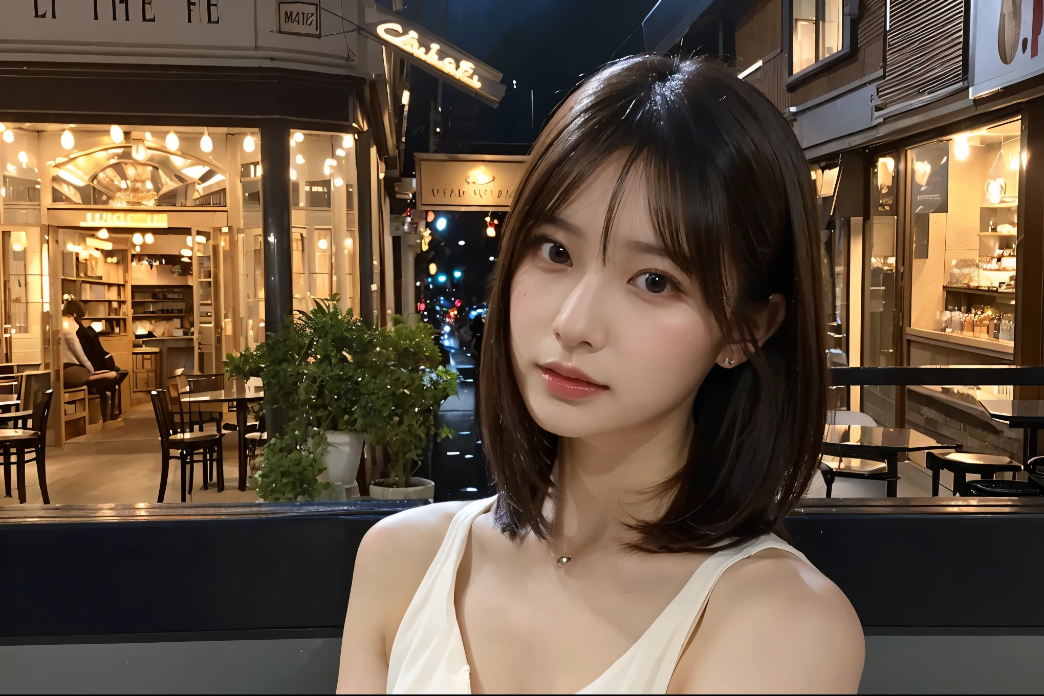 (The ultra -The high-definition:1.5)(ultra-detailliert:1.3) (ultra-quality) (An ultra-high picture quality:1.5) (rialistic photo:1.3) A Japanese Lady 21years old ((detailed and beautiful faces:1.3)) ((realistic skin textures:1.3)) ((Detailed and high quality eyes:1.3)) ((Detailed and high quality ears)) ((Beautiful, very fair and transparent skin:1.3)) ((Beautifully groomed straight short bob hair))Complete body beautiful proportion (Thin sleeveless shirt in fabric) long gathered skirt The background is the inside of a cafe at dusk. Beautiful, luxurious and stylish store ((Looking at the viewer erotically:1.3)) Wet lips ajar huge tit Very beautiful high-definition image quality
