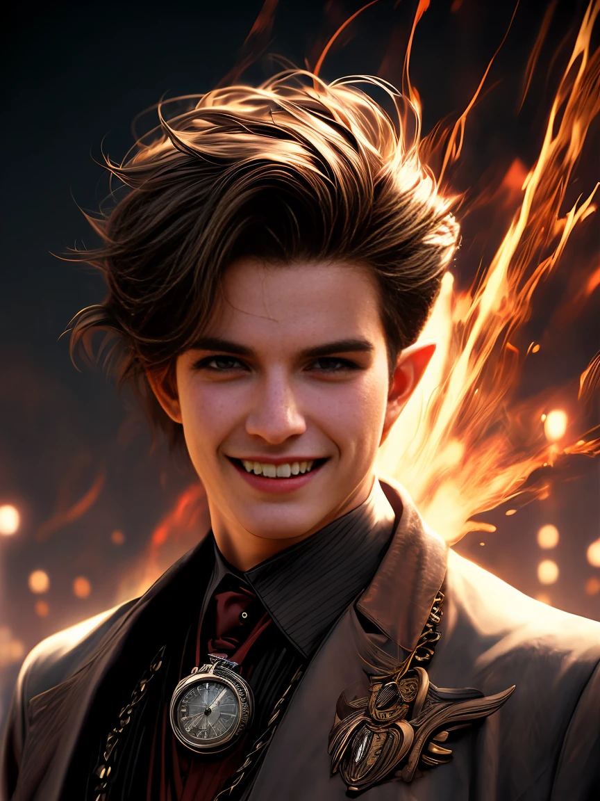 cinematic, portrait, fantasy movie poster, Half Body, muscular male half elf sorcerer, ((devilishly Laughing) ),peaceful expressions, short hair hazel pompadour hairstyle, aged 21 with a trimmed beard, In Action Pose casting a spell with a illusory pocket watch, masculine, EMMANUEL LUBEZKI, Gerald Brom, artgerm, Photorealistic, realistic, caras ionut, looking to camera, uhd image --ar 2:3 --stylize 750