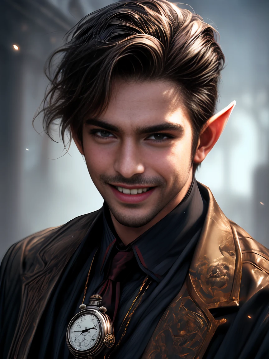cinematic, portrait, fantasy movie poster, Half Body, muscular male half elf sorcerer, ((devilishly Laughing) ),peaceful expressions, short hair hazel pompadour hairstyle, aged 21 with a trimmed beard, In Action Pose casting a spell with a illusory pocket watch, masculine, EMMANUEL LUBEZKI, Gerald Brom, artgerm, Photorealistic, realistic, caras ionut, looking to camera, uhd image --ar 2:3 --stylize 750