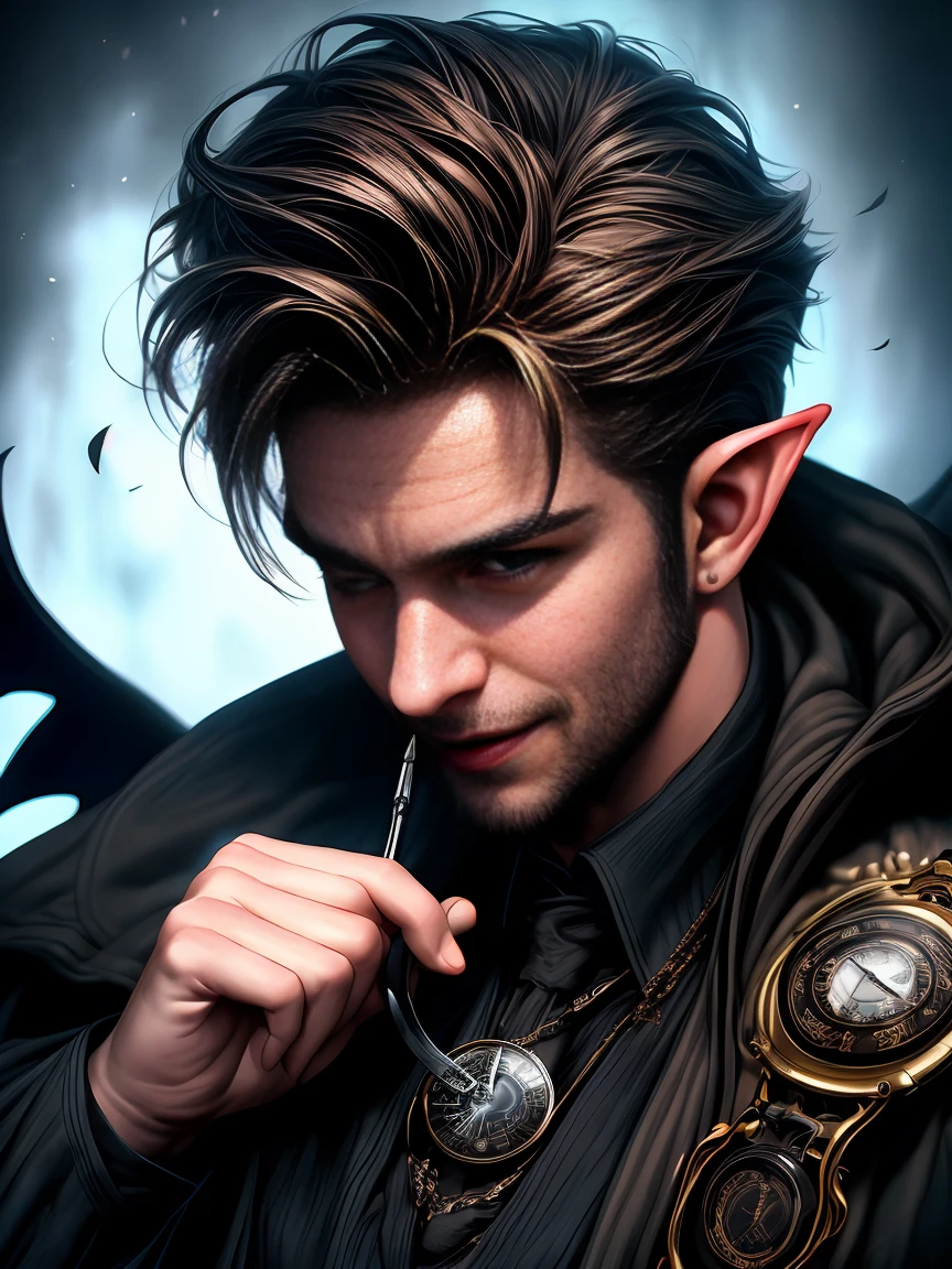 cinematic, portrait, fantasy movie poster, Half Body, muscular male half elf sorcerer, ((devilishly Laughing) ),peaceful expressions, short hair hazel pompadour hairstyle, aged 21 with a trimmed beard, In Action Pose casting a spell with a illusory pocket watch, masculine, EMMANUEL LUBEZKI, Gerald Brom, artgerm, Photorealistic, realistic, caras ionut, looking to camera, uhd image --ar 2:3 --stylize 750