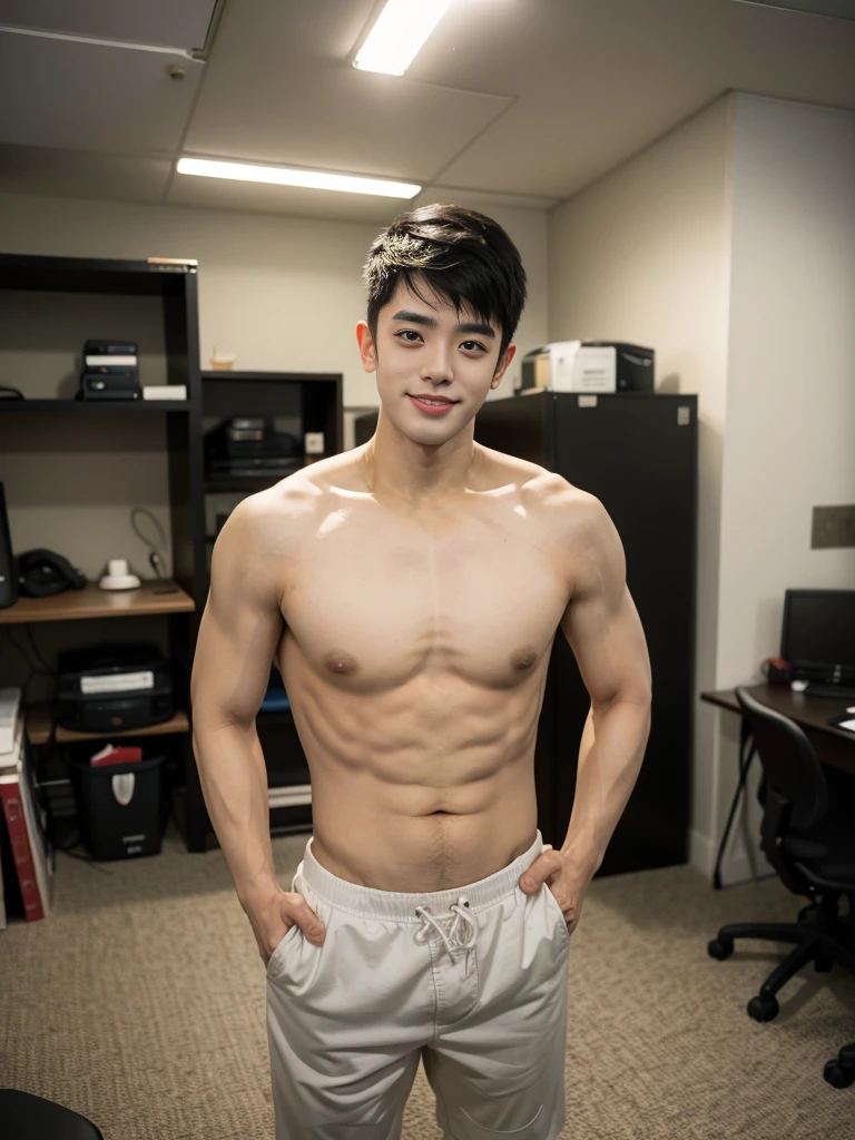 Head-to-toe image of a handsome and cute, 18-year-old nude Asian man, black hair, light smile,, standing on the floor with a work desk in an office, black hair, wide shot, cinematic lighting, depth of field, masterpiece, ccurate, anatomically correct, textured skin, high details, best quality