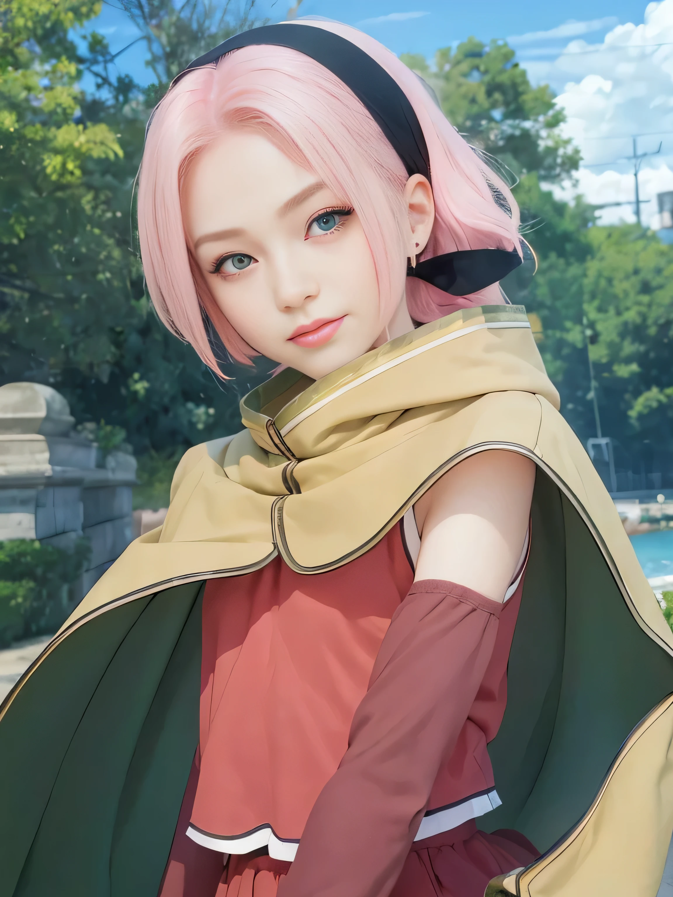 masterpiece, best quality, (realistic, photo-realistic:1.4), (RAW photo:1.2), extremely detailed CG unity 8k wallpaper, delicate and beautiful, amazing,finely detail, official art, absurdres, incredibly absurdres, huge filesize, ultra-detailed,extremely detailed eyes and face,light on face,little smile,black hair,garden background,river,very long hair,green eyes,pink hair,wearing cloak
