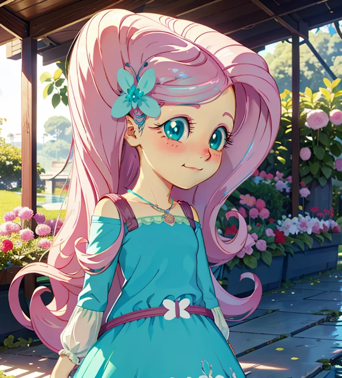 Fluttershy, Fluttershy de meninas equestres, Fluttershy na forma de uma menina, peito exuberante, cabelo ondulado longo rosa, sorriso suave, flor, Borboletas, (Qualidade Superior, master part, ultra-realistic), Dia chuvoso, Chovendo, solo molhado, puddle, Indoor Botanical Garden, Dome, lots of flor, plantas de massa densa, The background landscape is a garden with petals, Dahlia peony flor everywhere, olhos turquesa, olhos turquesahadow,  grampo de cabelo borboleta, Derailed lighting, sunlight, luz pura amarela, sentado, plantas celestiais, Plantadeiras suspensas, raios brilhantes,nsfw,NSFW,(SEM ROUPA),(ZERO ROUPA),((NUA))
