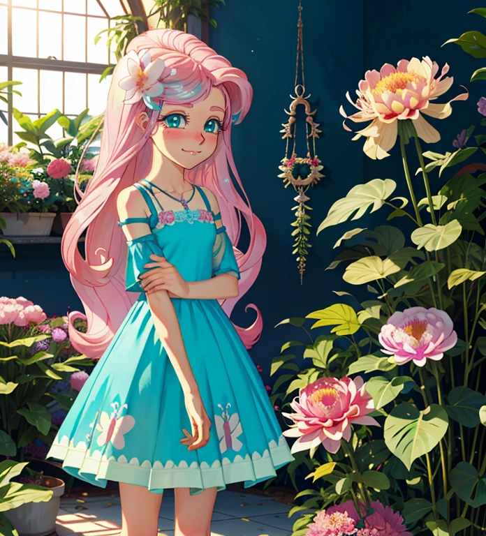 Fluttershy, Fluttershy de meninas equestres, Fluttershy na forma de uma menina, peito exuberante, cabelo ondulado longo rosa, sorriso suave, flor, Borboletas, (Qualidade Superior, master part, ultra-realistic), Dia chuvoso, Chovendo, solo molhado, puddle, Indoor Botanical Garden, Dome, lots of flor, plantas de massa densa, The background landscape is a garden with petals, Dahlia peony flor everywhere, olhos turquesa, olhos turquesahadow, grampo de cabelo borboleta, Derailed lighting, sunlight, luz pura amarela, sentado, plantas celestiais, Plantadeiras suspensas, raios brilhantes,nsfw,NSFW,(SEM ROUPA),(ZERO ROUPA),((NUA))