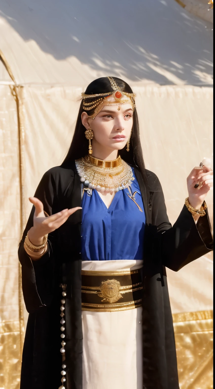 a white woman, long black hair, blue eyes.  wearing ancient Egyptian style clothing with gold jewelry and pearls.  He was standing in front of a large tent with a pearl tree symbol on it.  Behind him, you can see horsemen preparing to fight.  He holds a sword in his right hand and a letter in his left hand.