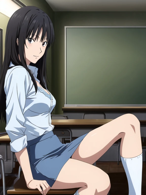Best Quality, masutepiece, 超A high resolution, (Photorealistic: )2D official style cell animation Amagami style Sit up Unbutton your shirt open one's legs pencilskirt girl Classroom Light blue lace bra Light blue lace panties Longhaire Straight hair knee sox lowfers