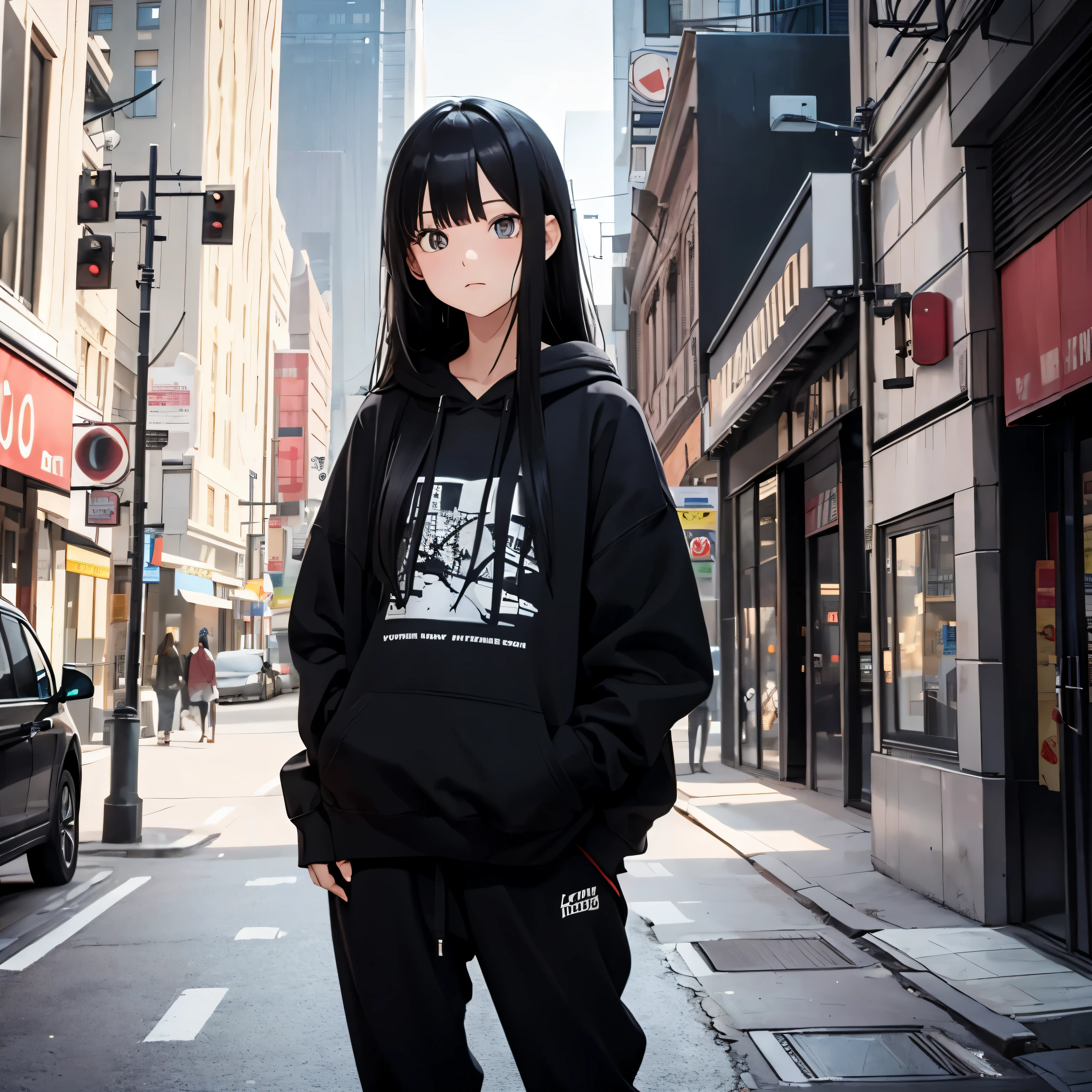 Alone girl, city, cute girl, long black hair, black hoodie, trousers, ultra sharp, tall girl, decent