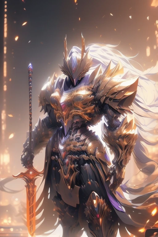 super wide shot, Full body frontal photo, Mecha male warrior, Heroic style of the Three Kingdomech color: Purple deep series》,(《Romance of the Three Kingdoms》,《Sima Yi》,Magic weapon in hand,),(Full body Mecha), Keqing from Genshin Impact, (Masterpiece) , The best quality, High quality,Gold armor,电影灯光, (Exquisite future), Beautiful and beautiful, Ultra detailed, great composition, Floating, Depth of field, (Very detailed CG,Unity 8k壁纸), (Beautiful detail background), dramatic lights, GOGETTA, Mecha,best qualtiy,超高分辨率,