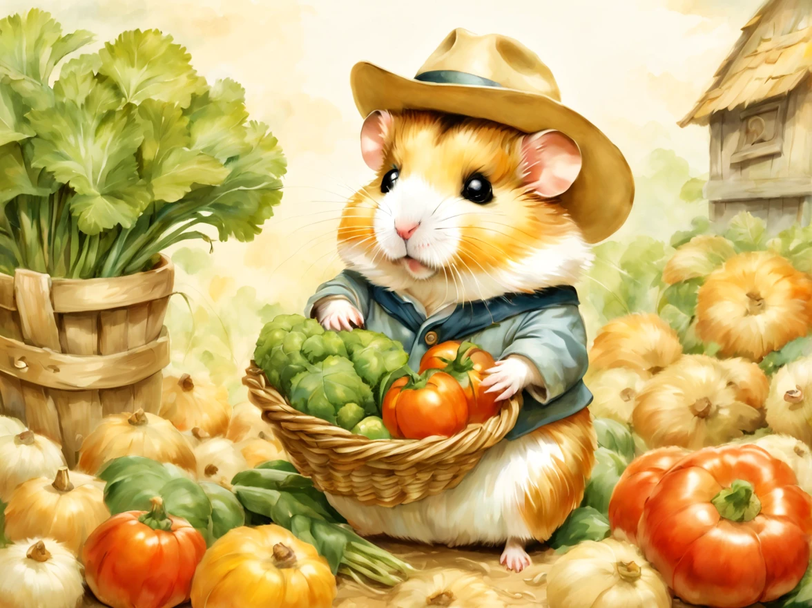 (働くhamstermer),農作業をするhamster,Background of the field,Farm Management Gadget,a straw fedora hat,Growing vegetables,crops are piled up,agriculture,fieldwork,​masterpiece,top-quality,,Chibi,cute little,,A delightful,tre anatomically correct,The cutest hamster,,hamster,,Fantasia,randolph caldecott style,illustratio,watercolor paiting