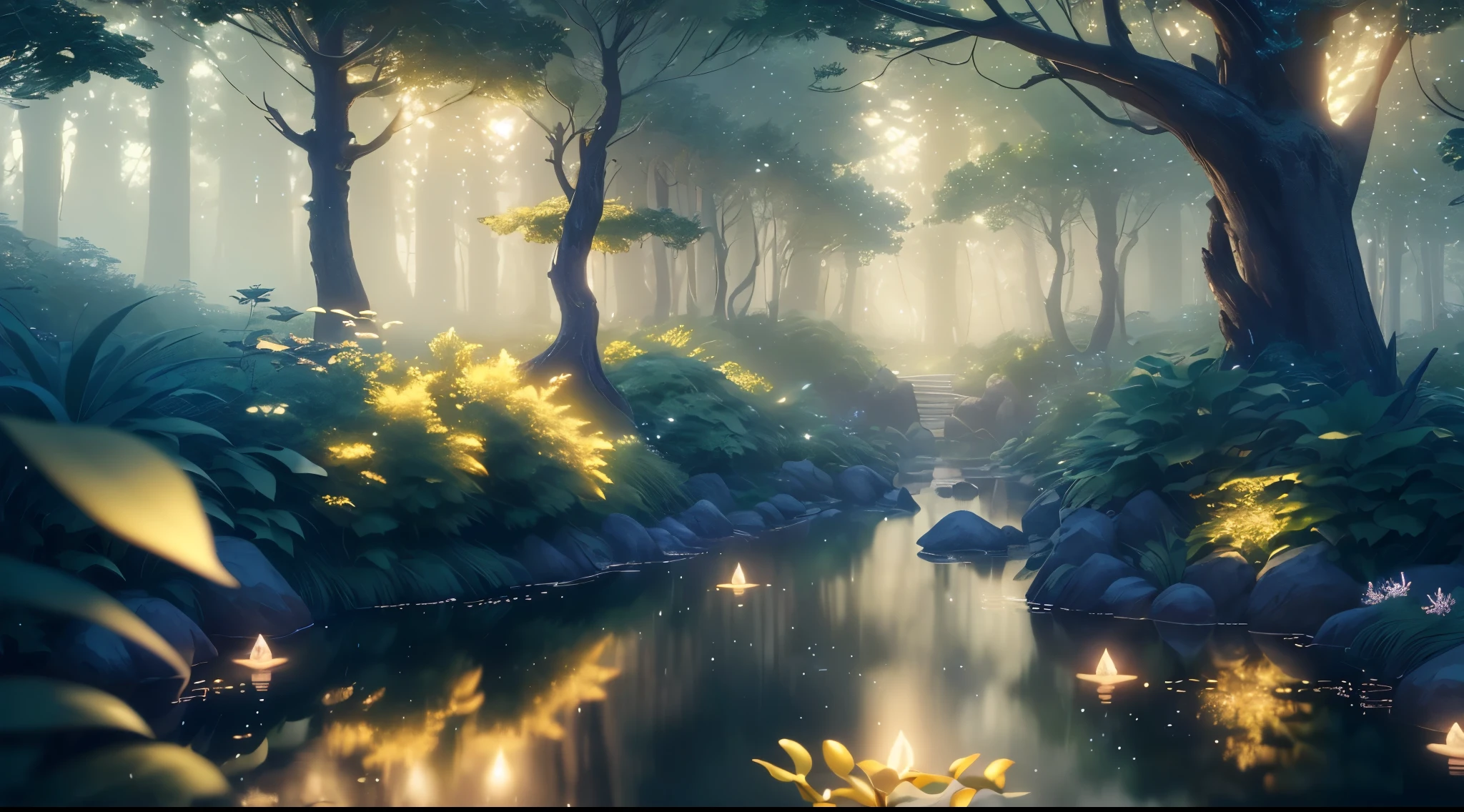 Masterpiece, best quality, (very detailed CG unity 8k wallpaper), (best quality), (best illustration), (best shadows), glow sprite, with a glowing deer, in the swimming pool Drinking water, natural elements in the forest theme. Mysterious forest, beautiful forest, nature, surrounded by flowers, delicate leaves and branches surrounded by fireflies (natural elements), (jungle theme), (leaves), (twigireflies), (particle effects) etc. 3D , Octane rendering, ray tracing, super detailed