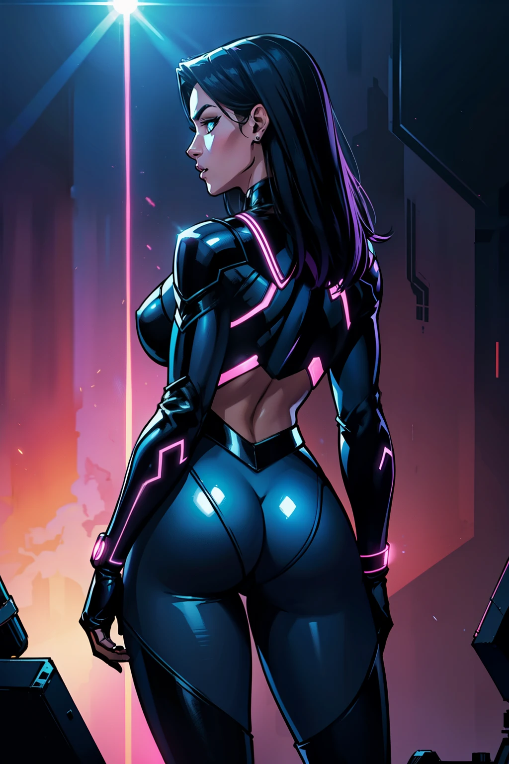 ((Realstic)) and ultra-detailed photography of a woman, view from the back, looking at viewer, superhero outfit, spandex, marvel comics, sexy expression, sexy pose, neon colors, rim lighting, atmospheric lighting, woman is well lit, sexy, beautiful woman, glowing neon skin, cinematic lighting, dark simplistic abstract background, night time