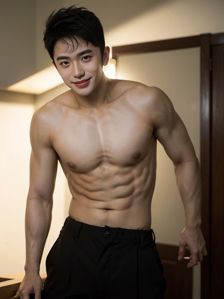 Head-to-toe image of a handsome and cute, 18-year-old nude Asian man, black hair, light smile, natural pose, black hair, wide shot, cinematic lighting, depth of field, masterpiece, ccurate, anatomically correct, textured skin, high details, best quality