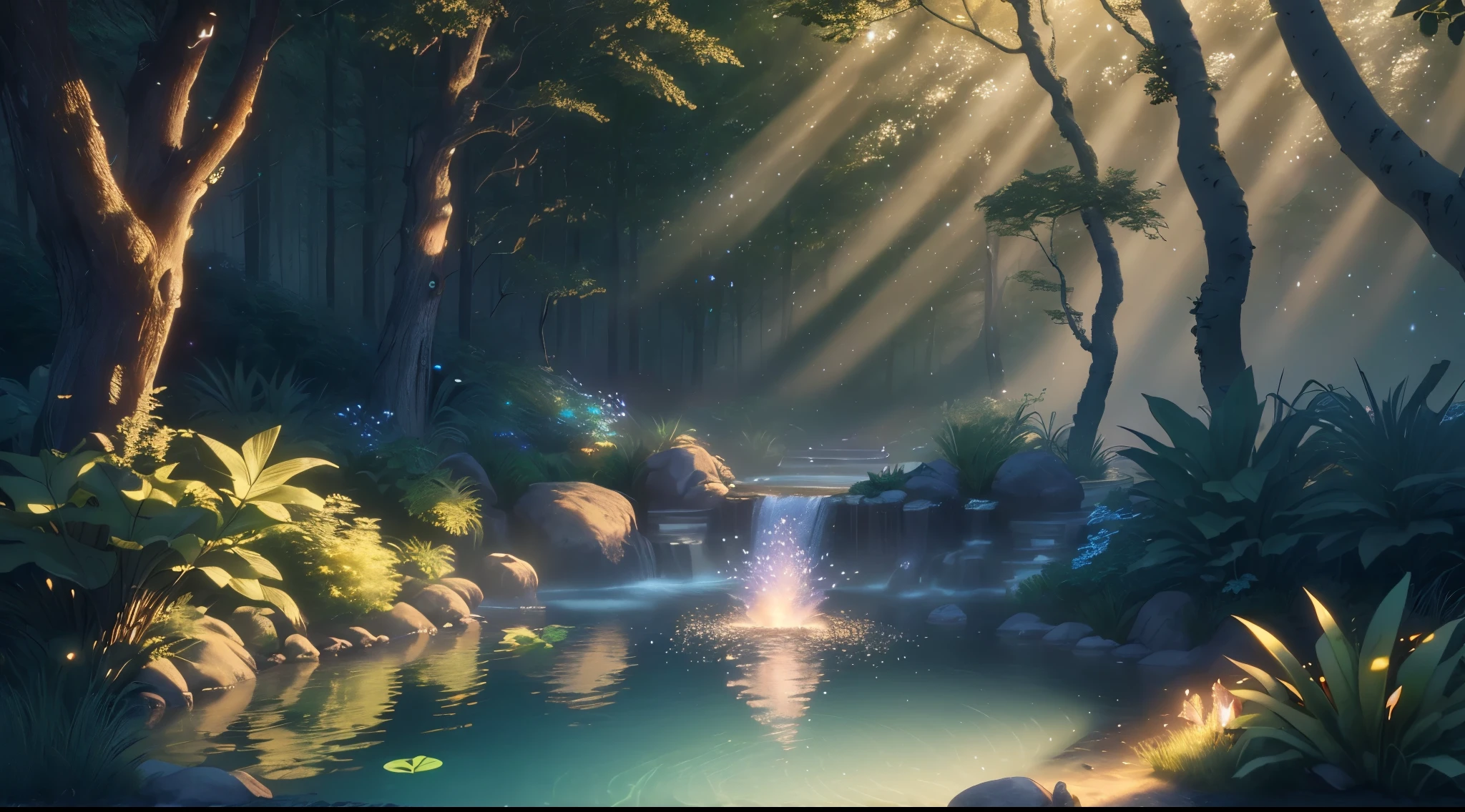 Masterpiece, best quality, (very detailed CG unity 8k wallpaper), (best quality), (best illustration), (best shadows), glow sprite, with a glowing deer, in the swimming pool Drinking water, natural elements in the forest theme. Mysterious forest, beautiful forest, nature, surrounded by flowers, delicate leaves and branches surrounded by fireflies (natural elements), (jungle theme), (leaves), (twigireflies), (particle effects) etc. 3D , Octane rendering, ray tracing, super detailed