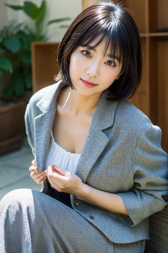 (8K、top-quality、​masterpiece:1.2)、(reallistic、フォトreallistic:1.2)（ultra-detailliert、hight resolution）(Slouched:1.3)、crouching down、(From  above:1.2)、(a closeup:1.4)、（Cut and sewn with loose chest area）Black business suit、Office Lady、Smirk,Alafed Girl, chiho, iwakura lain, a closeupiwakura lain, With short hair, Shiori Teshirogi, Kotegawa Yui, hime-cut, She is 40 years old, sui ishida with black hair, lain iwakura, Beautiful woman - well-groomed face, Clear pubic contours,(Small breasts), hight resolution, ighly detailed, top-quality, [​masterpiece:1.6],, ighly detailed, nffsw, finely detail, top-quality, , Cinematographic lighting, 1womanl、Cute Japan Woman、perfect body type、, cute droopy eyes beautiful big eyes、Transcendent beauty　top-quality、​masterpiece、majicMIX Real、(Raw photography:1.2)、(フォトreallistic:1.4)、s Office、　Negative Prompt