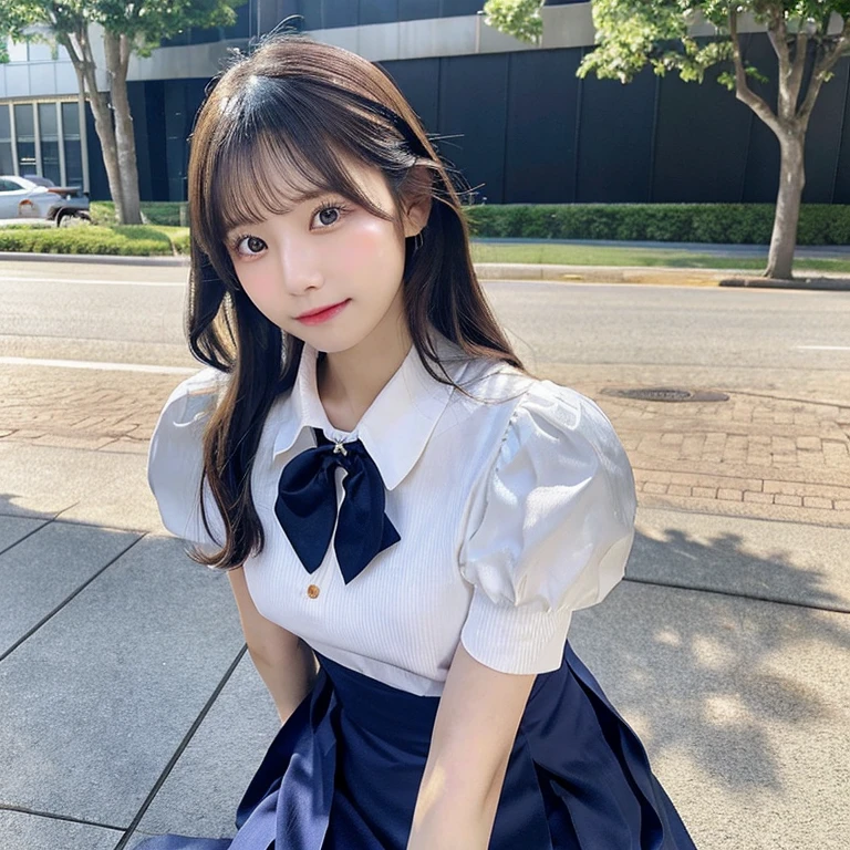 (masutepiece, Best Quality:1.2), 8K, 18year old, 85 mm, Official art, Raw foto, absurderes, White dress shirts, Pretty Face, close-up, Violaceas, gardenia, Beautiful fece, 校服, (navy pleats skirt:1.1), Cinch West, Thighs Thighs Thighs, Half-sleeved, look up at viewer, no-makeup, (Smile:0.4), Film grain, Chromatic abbreviations, Sharp Focus, Face Light, clear lighting, youthfulness, Detailed face, Bokeh background, (Dark red tie:1.1)、韓国アイドル、乃木坂アイドル、hposing Gravure Idol、Adults、porn star、cute little、