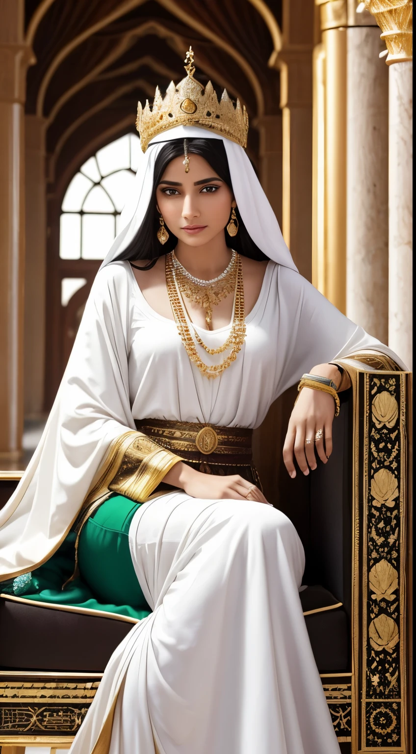 Picture a magnificent and luxurious palace with marble pillars and gold decoration. In it, you can see a white woman with long black hair and blue eyes. She wore a gold and pearl crown, sparkling necklace, bracelets and earrings. He sat on a throne covered with silk and feathers. At his side, there was a dark-skinned man with a black beard and brown eyes. He wore white and green robes, and a jeweled headband. He was Izz al-Din Aybak, second husband of Shajar Al-Durr and first sultan of the Mamluk Bahri dynasty. She was Shajar Al-Durr as sultana, the first title given to a woman in Islamic history.