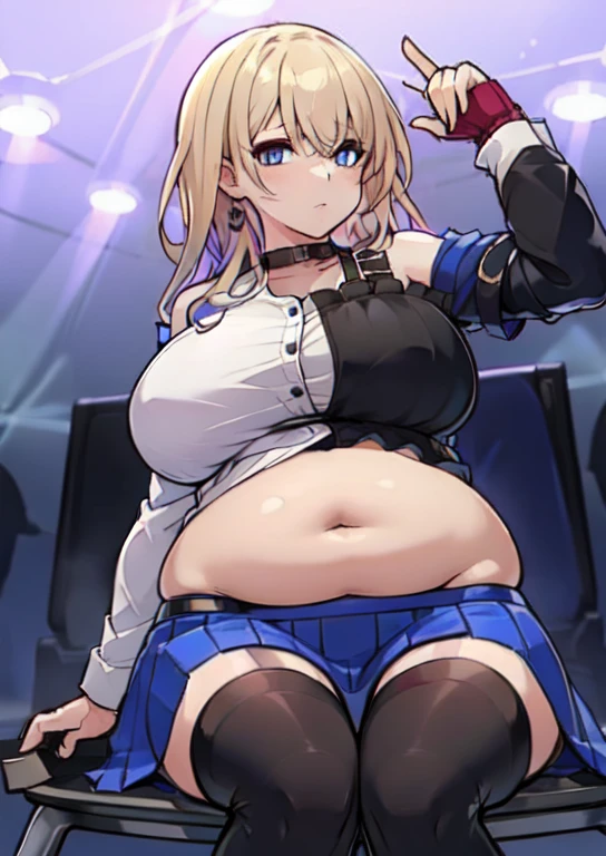 (masterpiece, best quality), 1girls, big belly, blurry background, huge belly, art by kipteitei, round belly, chubby, curvy, white button-up shirt, skirt, thighhighs, simple_background, gradient_background, belly bursting out of shirt, belly grab, enormous belly, fat belly, thicc, bigger belly, sitting on chair, really big belly, jiggly belly, shirt covering belly, belly cover by shirt