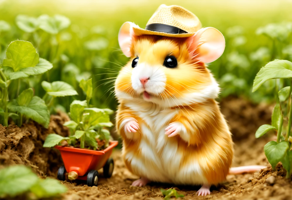 (働くhamstermer),農作業をするhamster,Background of the field,Farm Management Gadget,a straw fedora hat,Growing vegetables,crops are piled up,agriculture,fieldwork,​masterpiece,top-quality,,Chibi,cute little,,A delightful,tre anatomically correct,The cutest hamster,,hamster,,Fantasia,randolph caldecott style,illustratio,watercolor paiting