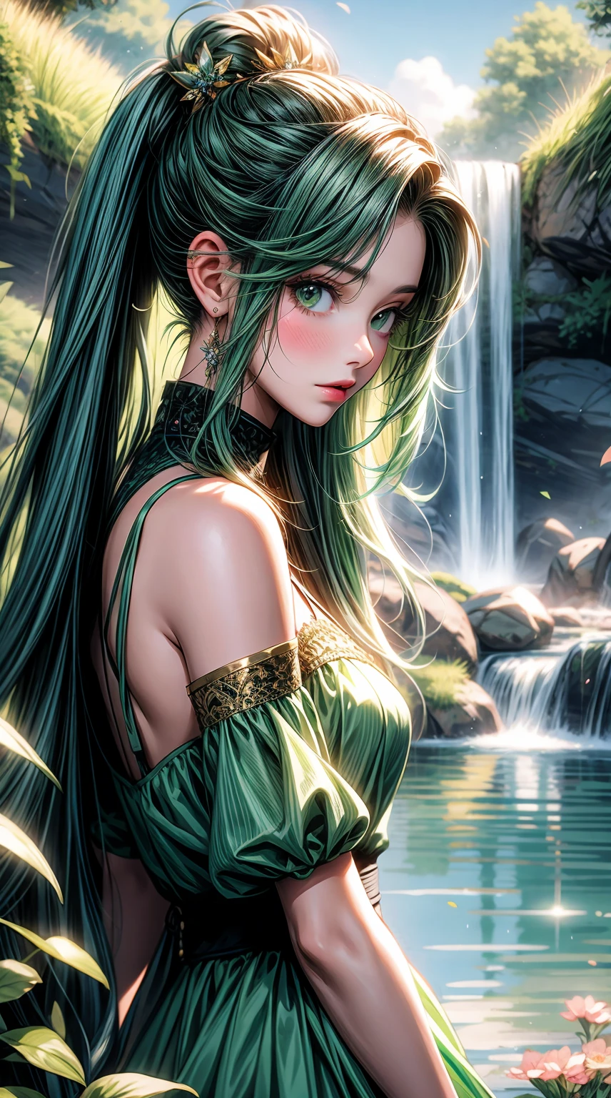 1girl,solo,hair ornament,green hair,twintails,long hair,dress,water,illustration,vibrant colors,detailed,realistic lighting,beautiful face,serene expression,grassy meadow,sparkling sunlight,cascading waterfall,lively atmosphere,soft breeze,peaceful ambiance, flowers blooming,lush greenery,ethereal beauty,harmonious composition