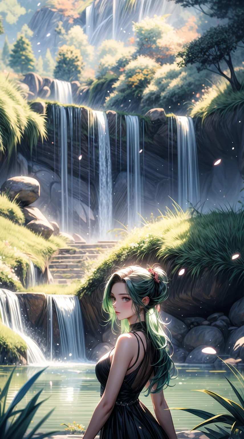 1girl,solo,hair ornament,green hair,twintails,long hair,dress,water,illustration,vibrant colors,detailed,realistic lighting,beautiful face,serene expression,grassy meadow,sparkling sunlight,cascading waterfall,lively atmosphere,soft breeze,peaceful ambiance, flowers blooming,lush greenery,ethereal beauty,harmonious composition