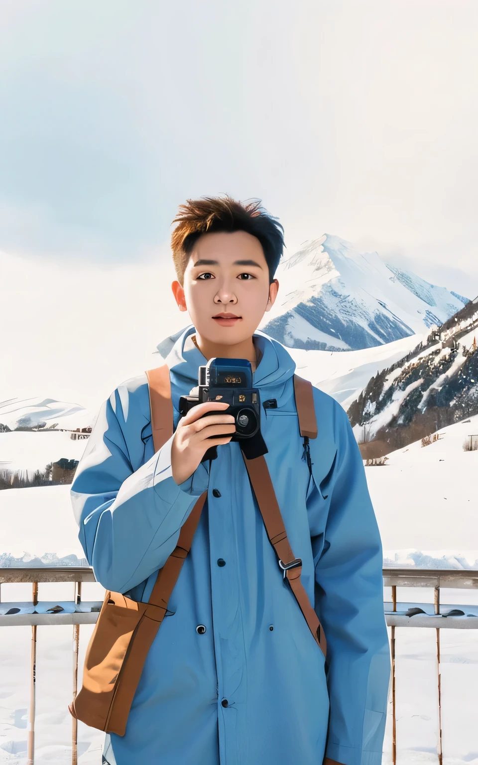 arafed man Photographed with a camera in front of him, Snow-capped mountains in the background，holding a camera, Photographed, Photo pose, Illustration line art style, Holding a large camera, Illustration 8 K, 摆姿势Photographed, casual photography, Holding a Sony camera, full body in camera, 2D illustration, 2D illustration, drawn with photoshop, photography，