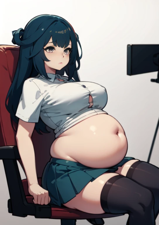 (masterpiece, best quality), 1girls, big belly, blurry background, huge belly, art by kipteitei, round belly, chubby, curvy, white button-up shirt, skirt, thighhighs, simple_background, gradient_background, belly bursting out of shirt, belly grab, enormous belly, fat belly, thicc, bigger belly, sitting on chair, really big belly, jiggly belly, shirt covering belly, belly cover by shirt