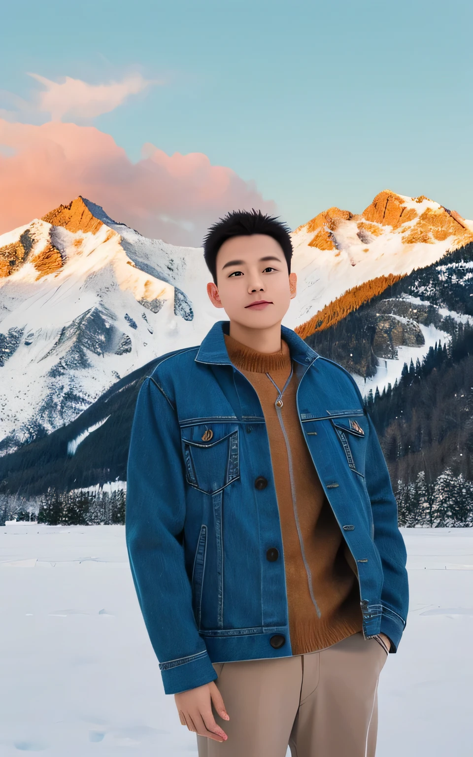 Snow-capped mountains in the background,Man holding DSLR camera, Photo pose, Illustration line art style, Taken while posing, casual 的photography of, Holding a Sony camera, full body in camera, 2D illustration, 2D illustration, drawn with photoshop, photography of,