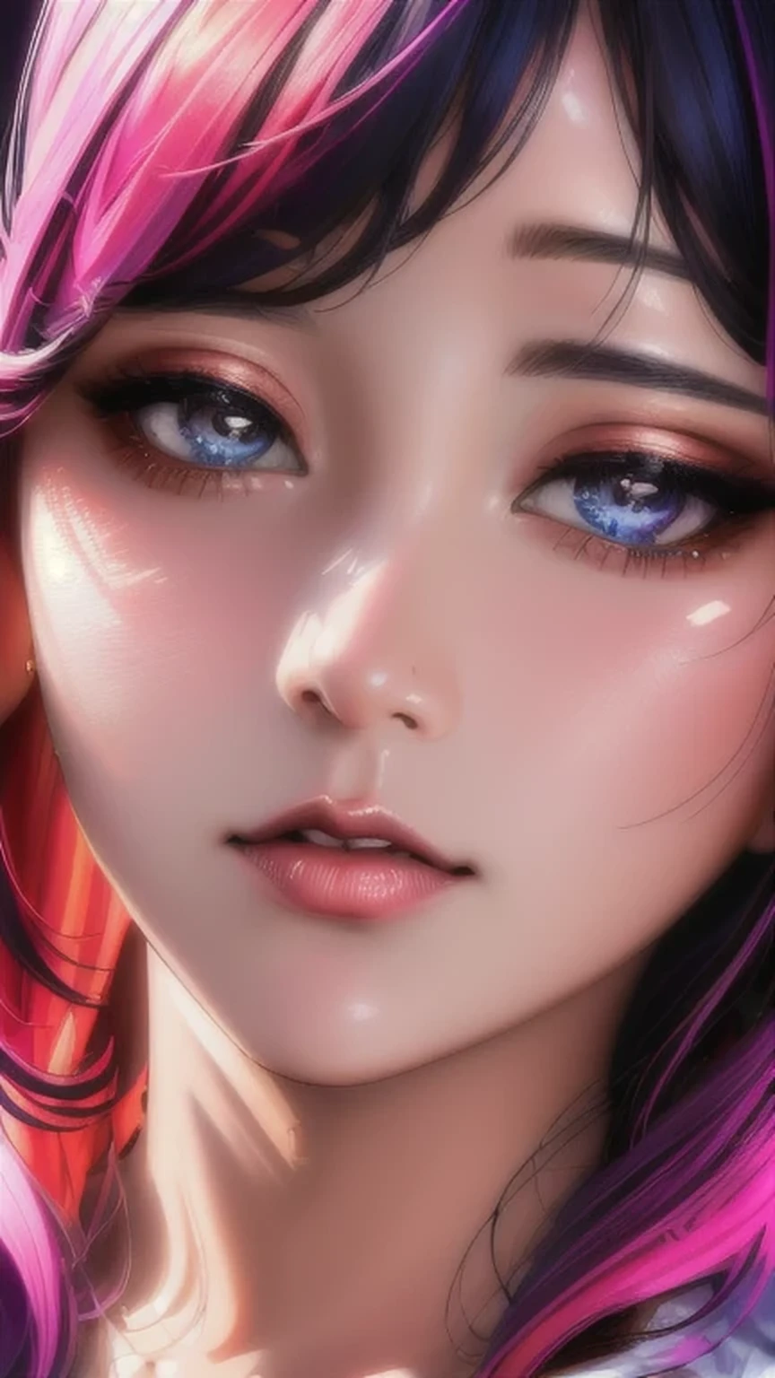 Close-up of a woman's face, psychedelic dripping very bright color, glossy digital painting, exquisite digital fashion photografic, UHD, photografic, Highly detailed